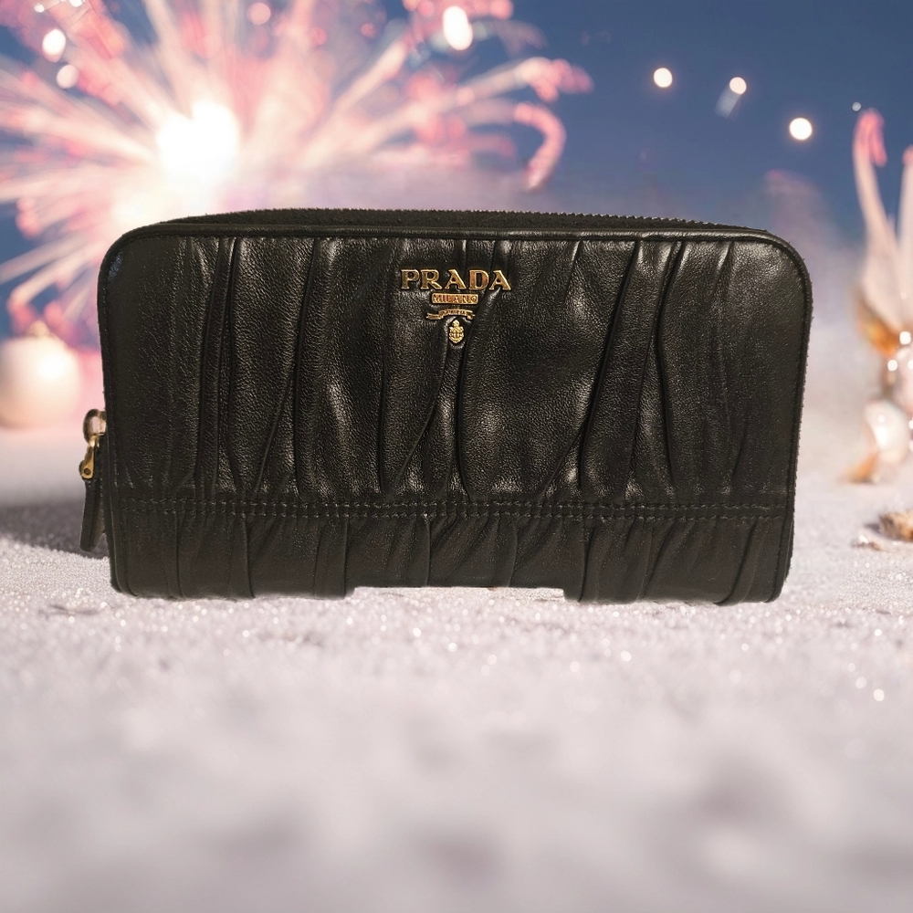 Prada Black Ruched Leather Zip Around Wallet Gold Hardware - Picture 8 of 13